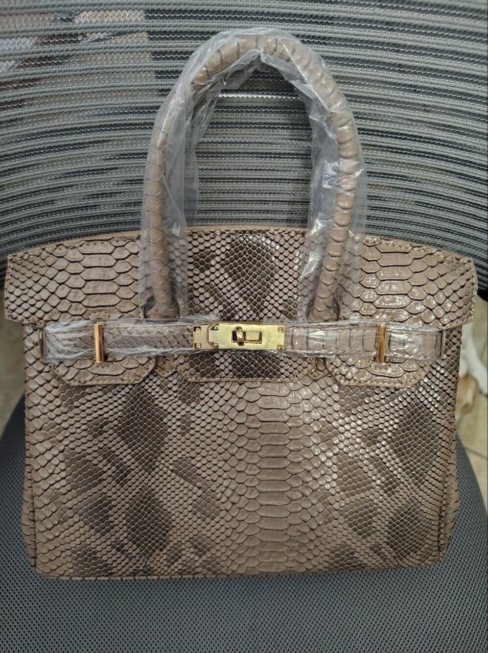 Brand New Fashion bag Taupe Faux Python-Texture Tote Handbag